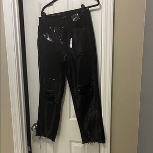 Express Shiny Black Distressed Ankle Jeans